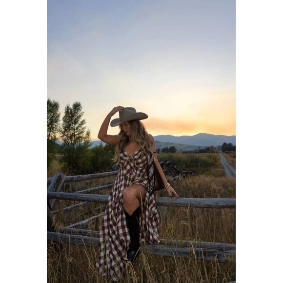 FREE PEOPLE Via Midi Dress in Brown Combo Everly Size Large - Picture 4 of 16